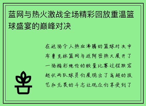 蓝网与热火激战全场精彩回放重温篮球盛宴的巅峰对决